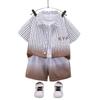 Roupa Infantil Meninos Terno de Verão 2025 Novo Bebê Verão Camisa Listrada Vertical Manga Curta Conjunto de Três Peças Bebê Casual