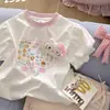 Camiseta de verano de algodón puro estilo coreano para niñas con estampado 3D de gato KT, elegante diseño de cuello redondo, nuevo top dulce para bebés