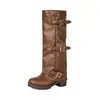 Botas de Cavaleiro Ocidental Vintage Outono/Inverno 2026, Bico Redondo, Sola Grossa, Tamanhos 40-45, Fivela de Metal, Botas de Cano Alto Pregueadas