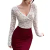 Camisa Base de Encaje Sexy con Cuello en V Cruzado de Manga Larga para Mujer, Top con Diseño de Estilo Maduro y Deseo Puro, Venta al por Mayor Transfronteriza