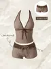 Traje de baño de dos piezas retro americano Y2K con lunares y bloques de color para mujer, cuello halter, que oculta el abdomen, adelgazante, conjunto de bañador para vacaciones al por mayor