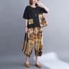 Traje de mujer de mediana edad, primavera y verano, nuevo estilo perezoso, retro, suelto, de talla grande, pantalones cortos estampados de moda, conjunto de dos piezas