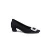 Versión de piel de vaca ~ Nuevos zapatos de tacón alto de boca poco profunda para RV, punta cuadrada, tacón grueso, tacones altos, zapatos de una sola capa con hebilla cuadrada de satén, diamantes de imitación, para mujer