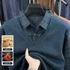 Suéter de Punto Grueso de Dos Piezas con Forro de Felpa para Hombres de Mediana Edad y Mayores, Camiseta Informal de Manga Larga con Cuello de Solapa
