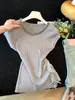Blusa de Punto Redonda de Manga Corta con Abalorios Pesados de la Burguesía Francesa para Mujer 2026 Verano Nuevo Diseño con Cordón Top Adelgazante