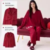 Pijama Rojo para Mujer en Primavera y Otoño con Cárdigan Acolchado de Algodón con Cuello Kimono Conjunto Dulce Casual para Casa