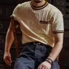 Camiseta de Tricô de Manga Curta para Homem, Seda de Gelo, Verão, Bolso, Color-Blocking, Retrô Americano, Estilo Old Money, Negócios, Atacado de Fábrica Transfronteiriço