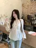 Camisa francesa de talla grande para mujer, con torsión suave, disimula la barriga y estiliza, con mangas abullonadas y espalda fruncida