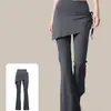 Calça de yoga com design de saia falsa de duas peças, cintura alta, levanta bumbum, justa, calça flare anti-exposição para Pilates e exercícios de fitness