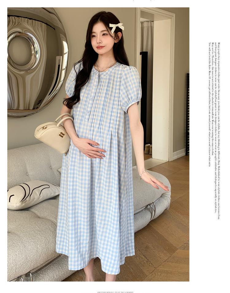 孕妈泡泡袖法式复古格子连衣裙