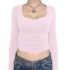 Camiseta Curta Interna Feminina Amazon Transfronteiriça Manga Longa Gola Quadrada Renda Slim Fit Versátil Casual Cor Sólida Top