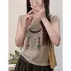 Novo Suéter de Malha Feminino de Verão com Gola Redonda e Mangas Curtas, Top Solto Emagrecedor com Mangas Volumosas Estampadas