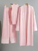 Traje de Punto de Temperamento Perezoso Transfronterizo Europeo para Mujer Nuevo Chaleco Suéter Cárdigan Pantalones de Pierna Ancha Conjunto de Tres Piezas