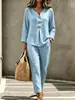 Traje casual casual de dos piezas para mujer, nuevo, transfronterizo europeo y americano, color liso, con botones, cuello en V