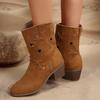 Novas Botas de Trabalho Femininas Estrangeiras de Cano Médio Grosso, Botas de Montaria Retrô de Salto Médio Vazadas Respiráveis Finas