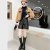 9258 Daaimaiyiyuan 2025 Primavera Nova Jaqueta Curta Jeans Patchwork Gola Lapela Manga Longa Shorts de Couro Moda Feminina