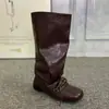 Botas de mujer de cuero estilo western vintage, botas estilo ballet con cordones y pliegues, botas de montar a media pantorrilla, botas largas de punta cuadrada