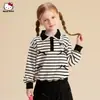 Moletom de Primavera para Meninas 2026 Novo Estilo Kuromi Moletom Listrado Preto e Branco com Detalhe de Laço para Crianças Mais Velhas