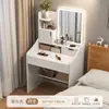Penteadeira para quarto de casa, design simples e moderno com espelho, mesa de maquiagem compacta multi-funcional com armazenamento