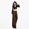 Calça jeans transfronteiriça feminina perna larga estilo retrô americano pernas de calça de camada dupla caimento cor marrom café calça comprida cor marrom café estendida Yi Chun