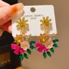 Aguja de Plata Lujo Ligero Flor de Diamante Hoja Pendientes Coloridos Retro Europeo y Americano Exquisitos Elegantes Nicho Pendientes de Gama Alta para Mujer