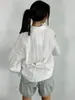 Camisa de Jacquard a Rayas de Manga Larga para Mujer, Corte Holgado, Cuello de Solapa, Mangas de Campana, Top para el Trabajo, Blanco, Estilo Primavera y Otoño