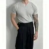 Camiseta de Tricô Manga Curta Masculina, Seda de Gelo, Verão, Decote V, Gola Henley, Textura Xadrez, Estilo Old Money, Roupa Íntima, Atacado de Fábrica Transfronteiriço