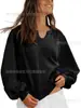 Roupas Femininas Outono e Inverno Novas Amazon Europeia e Americana Transfronteiriça Design de Renda Costurada Moletom Solto Cor Lisa Gola V