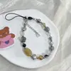 Cordão de telefone celular com laço de coelho tridimensional, cordão de pérolas com contas, corrente de telefone celular curta, todos os acessórios de pingente de temperamento universal