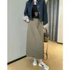 ¡La primavera no llega tarde! ¡Falda larga de bolsillo en tono madera! Falda de mezcla de lino texturizada, sin elasticidad, falda casual estilo vintage
