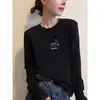 Camiseta negra de manga larga acanalada de algodón puro estilo coreano para mujer, moderna y versátil, top juvenil y elegante, camiseta básica para otoño