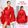 Estilo Comercio Exterior Negro Satén Sedoso Lujo Ligero Atractivo Camisón con Cordones y Decoración de Plumas Bata Larga Holgada de Manga Larga 1159
