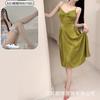 Vestido retro verde estilo francés con espalda casual atada, falda sexy con una textura de alta calidad para usar en casa