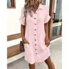 Vestido Casual Amazon 2024 Cor Sólida Algodão e Linho Botões Comprimento Médio Manga Curta Soltinho para Mulheres Fornecimento Transfronteiriço