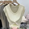 Camiseta de punto suave estilo coreano, cuello redondo bajo, con mangas acampanadas pequeñas para mujer, nueva camiseta básica sin mangas de verano 2025