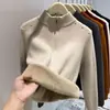26 Suéter de Punto Nuevo para Mujer Otoño/Invierno con Media Cremallera y Forro de Felpa, Cuello Semi-Alto Cálido, Camisa Base de Hombro Regular