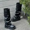 Botas de jinete, botas de plataforma, punta ancha, hebilla de cinturón, botas altas con pliegues en la rodilla, adelgazantes, de suela gruesa, negras, versátiles, pantalones metidos