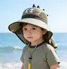 Chapéus Infantis para Exterior, Chapéus Infantis de Verão com Desenhos Animados, Chapéus com Aba Larga e Proteção de Nuca, Chapéus de Sol para Meninos e Meninas, Chapéus de Sol de Dinossauro