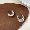 Brincos Assimétricos em Forma de C para Mulheres, Cravejados com Diamantes Roxos, Brincos de Meia-Lua com Pérolas, Design de Luxo Leve, Agulhas de Prata Elegantes