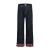 A019 Moda Urbana Americana Unisex Vaqueros de Pierna Recta Acampanados con Diseño de Cuadros Rojos Parcheados en Denim Crudo de Gama Alta