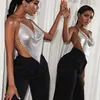 AYJ2026 Top metálico moderno de estilo europeo y americano para discoteca, con escote pronunciado en la espalda, tirantes de cadena y escote en V profundo Y636