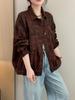 Camisa Vintage Retro con Estampado, Doble Bolsillo y Cuello de Solapa para Mujer, Nueva Chaqueta Casual Holgada Talla Grande al por Mayor para Primavera y Otoño