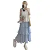 Saia de renda delicada e doce para mulheres, cintura alta, saia bolo em A fluida, saia fofa, saia de gaze chiffon texturizada