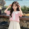 Conjunto de Vestido com Gola de Boneca Fofo para Meninas Verão Novo Estilo Meninas Grandes Lindo Conjunto de Saia Estiloso Roupas de Verão