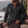 Amazon Transfronteiriça Masculina de Linho Casual com Gola Alta Camiseta Henley de Manga Longa Material de Linho Camisa Henley Vintage