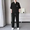 Traje casual de verano fino de manga corta de seda helada para hombre, conjunto deportivo de dos piezas holgado de manga media para hombre