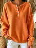 Moletom Cruzado Europeu e Americano Gola Henley Meio Botão Ombro Caído Manga Longa Solta Pulôver Cor Sólida Laranja Preto
