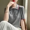 Suéter delgado de lana peinada de manga corta con temperamento, hebilla a juego de colores de cuello POLO para mujer de primavera y verano