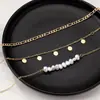 3 Tendencias de Moda Europeas y Americanas Elegante y Sencillo Conjunto de Collares para Mujer con Perla de Imitación Asimétrica y Disco Metálico