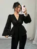 Roupa Feminina Europeia e Americana Moda Transfronteiriça Mais Vendida Primavera e Outono Nova Moda Sexy Semi-Transparente Manga Longa Decote V Camisa Feminina